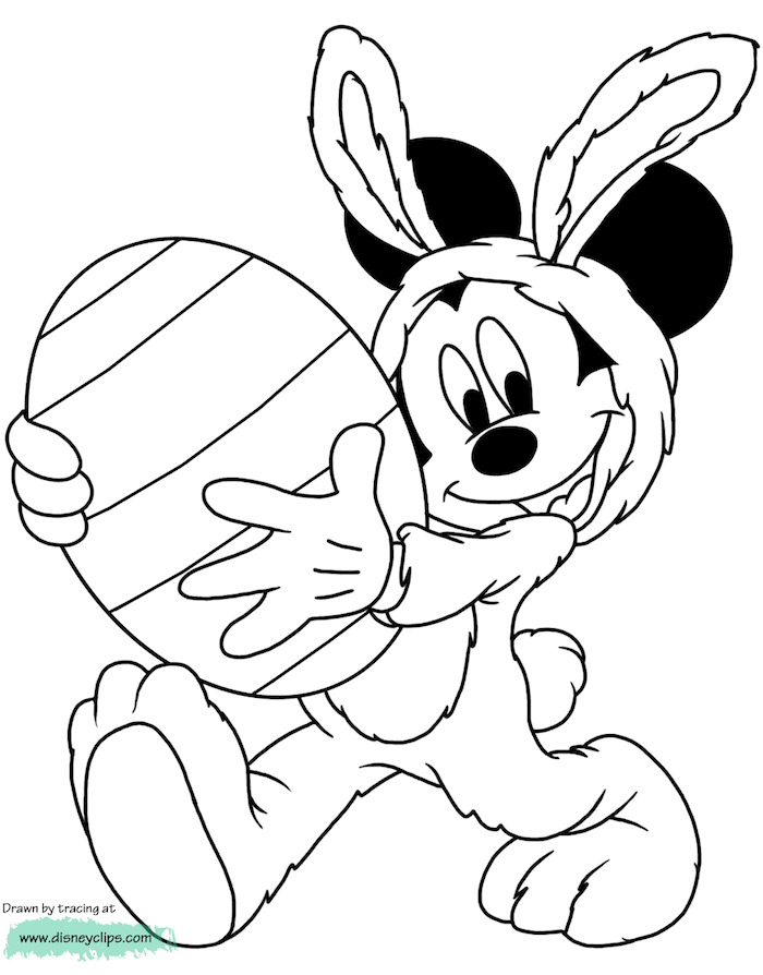 Mickey Mouse mit Osterhasenkostüm und Hasenohren hält riesiges Osterei, Disney Bild zum Ausdrucken 