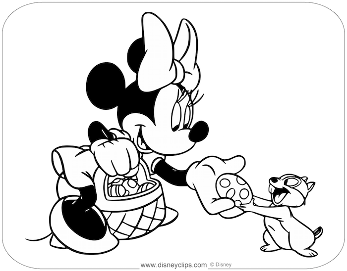 Minnie Mouse hält Osterkörbchen voll mit Ostereiern, Disney Ausmalbild für Ostern 