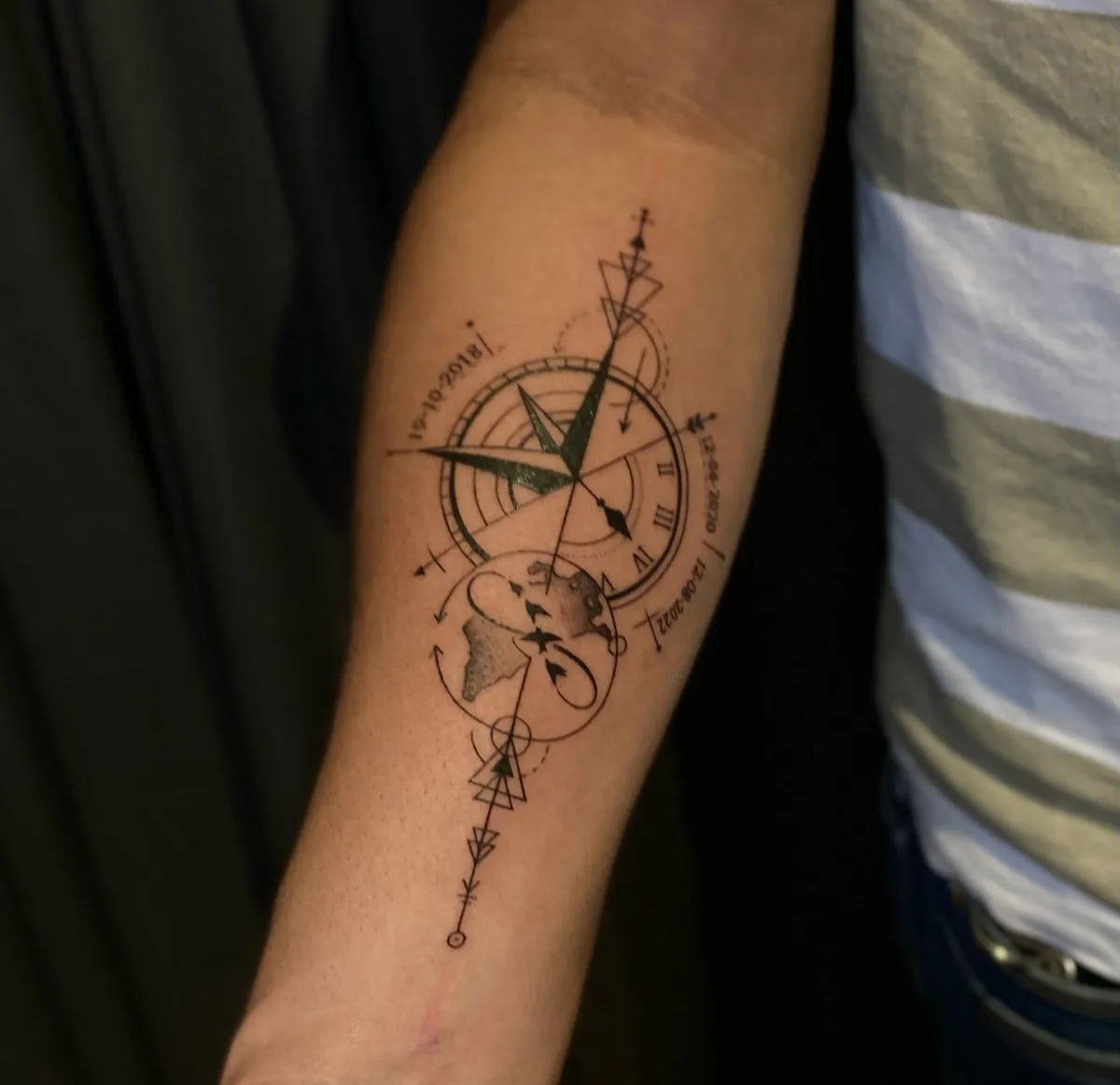 kompass und weltkarte tattoo am unterarm