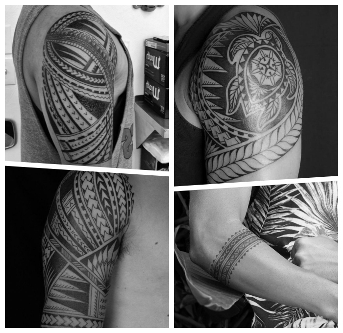 männer tattoos motive, schwarz graue tätowierungen, samoanische symbole