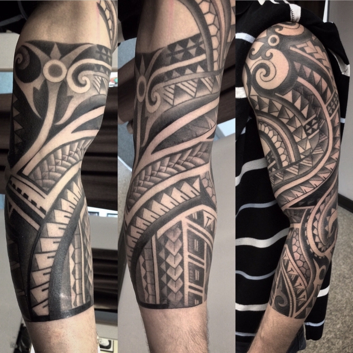 moderne tattoos für herren, sleeve ins chwarz und grau, maori designs für männer