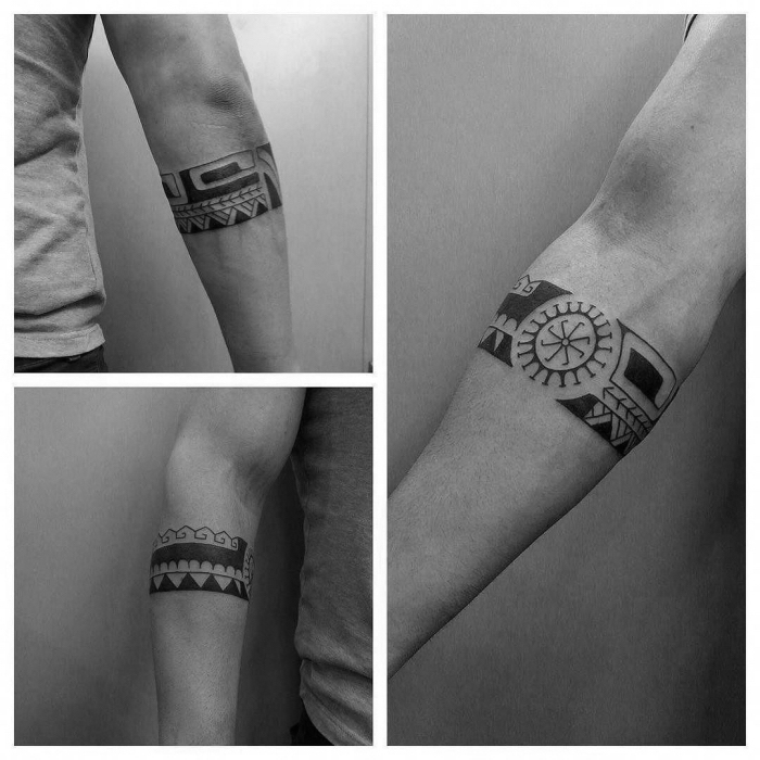 moderne tattoos für herren, tribal band am arm, polynesische symbole in schwarz und grau