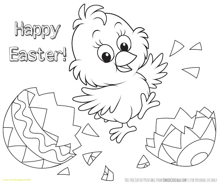 Ausmalbild für Ostern mit Küken und Osterei und Aufschrift Happy Easter zum Ausdrucken 