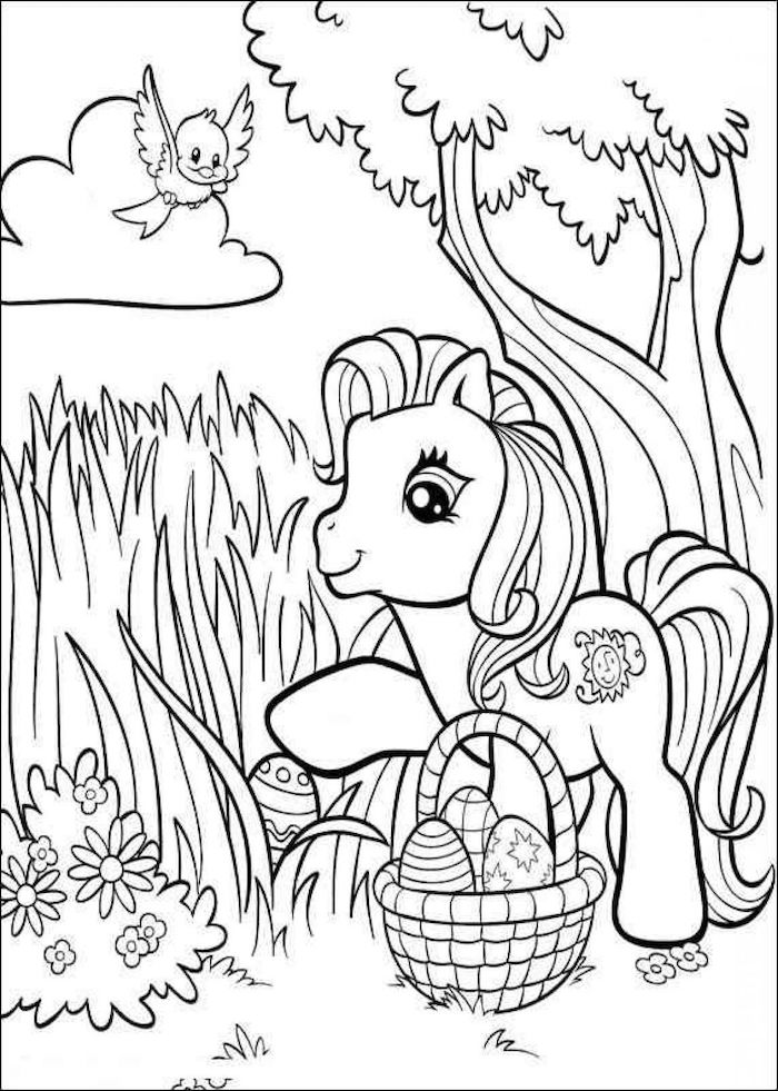 My Little Pony Osterbild zum Ausmalen, Pony mit Osterkörbchen im Wald, Ostereier mit Verzierungen 