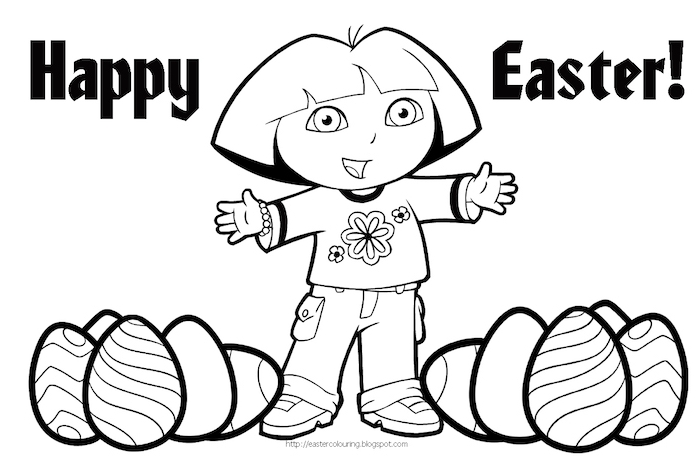Dora the Explorer Ausmalbild für Ostern mit Ostereiern und Aufschrift Happy Easter, Disney Ausmalbilder 