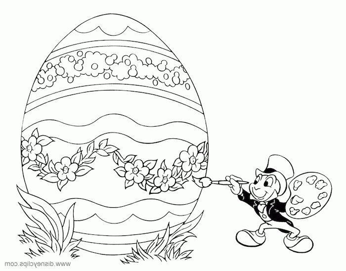 Jiminy Cricket bemalt riesiges Osterei, mit Blumen Motiven, Disney Bilder zum Ausmalen 