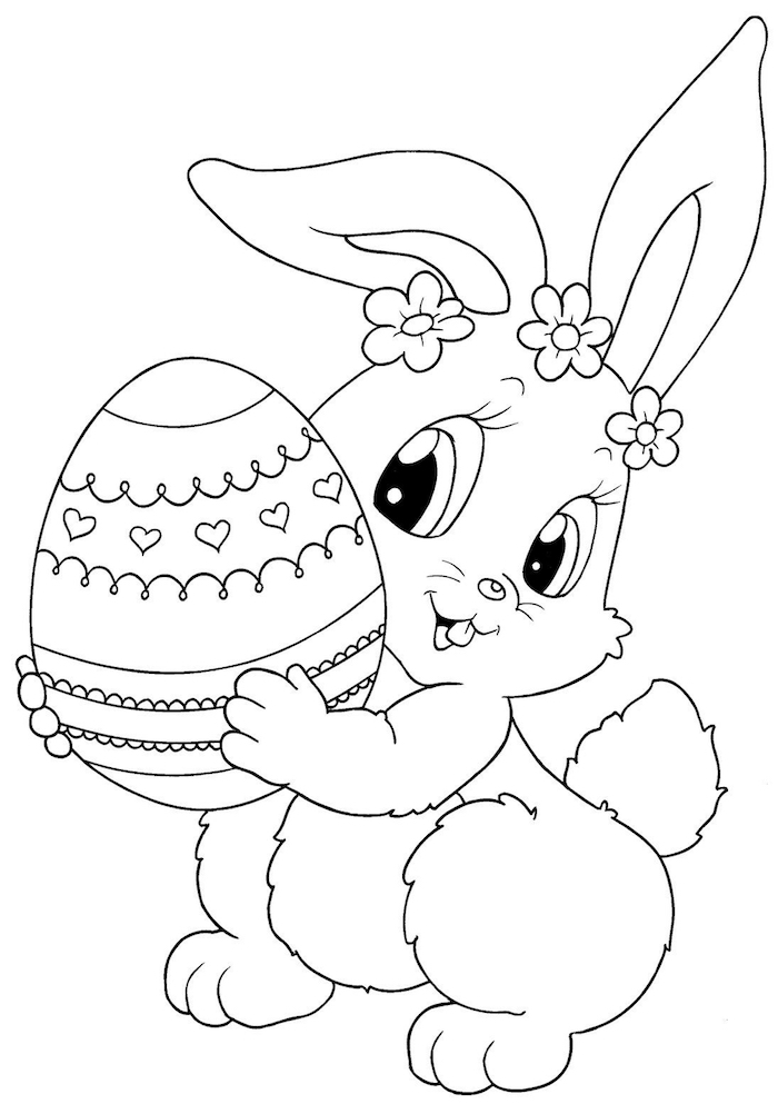 Osterhase Ausmalbild für Kinder, kleiner Hase mit Blumen auf dem Kopf hält Osterei 