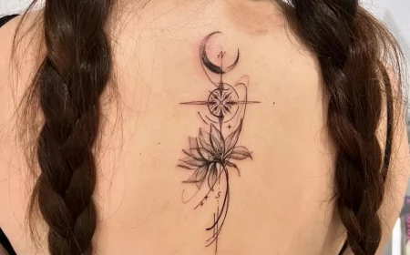 rücken tattoo kompass mit lotus blume und halbmond