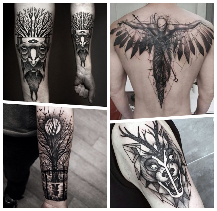 rücken tattoo mann, gefallener engel, große tätowierung in schwarz und grau, wolfkopf