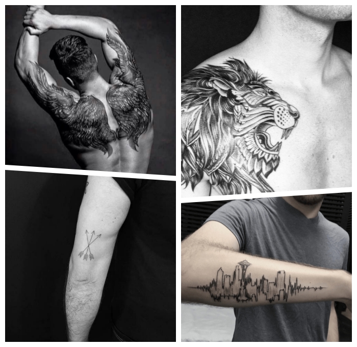 rücken tattoo mann, große flügel, drie pfeile, löwenkopf am brust, schwarz graue tätowierungen