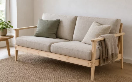 Sofa selber bauen: fertiger Massivholzrahmen im hellen Wohnzimmer