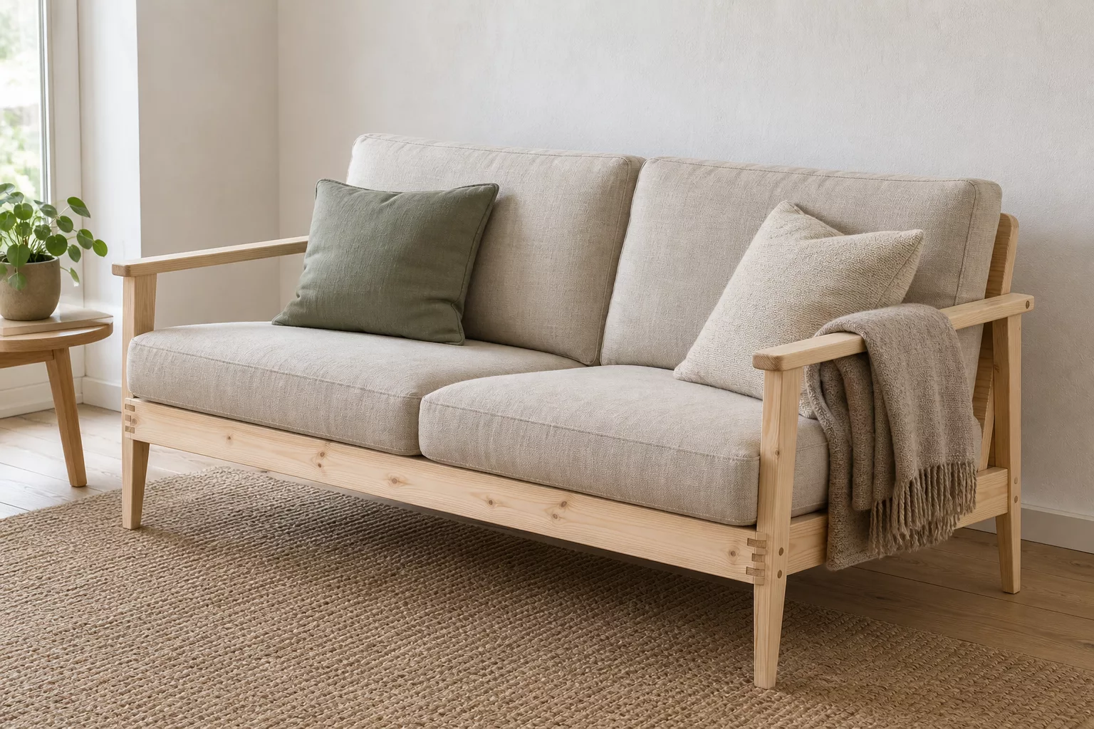 Sofa selber bauen: fertiger Massivholzrahmen im hellen Wohnzimmer