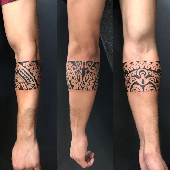 tattoo für neuen lebensabschnitt, band mit polynesischen motiven, tribal tätowierung