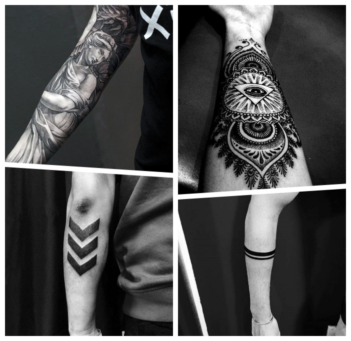 tattoo ideen männer, die beliebtesten motive, griechische göttin, zwei bänder, auge