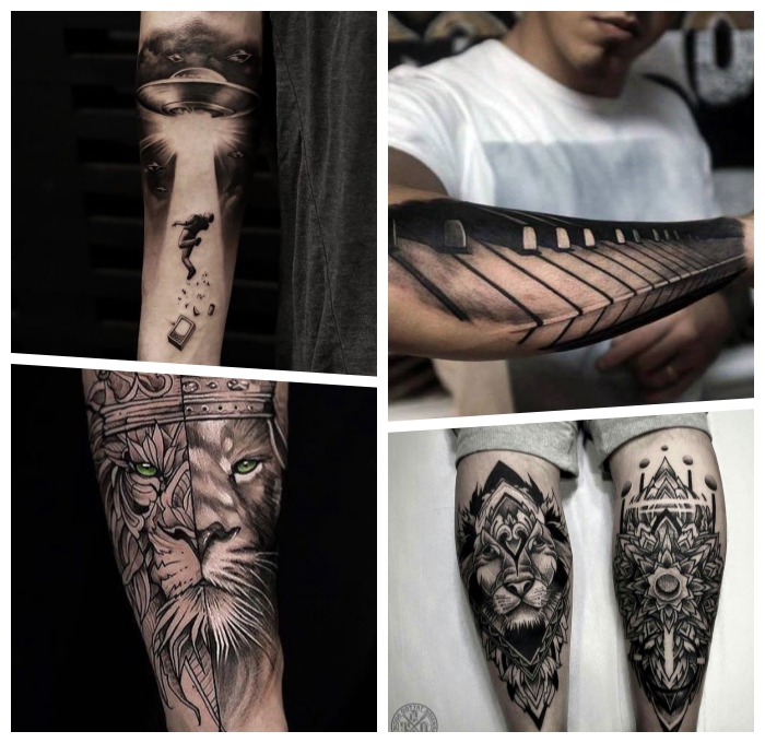 tattoo ideen männer, ide besten motive, schwarz graue tätowierungen, löwe mit grünen augen
