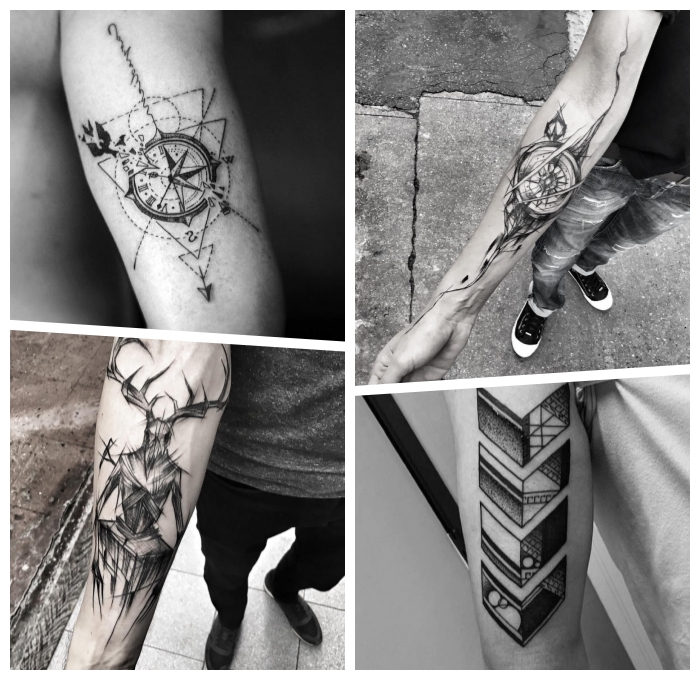 tattoo ideen männer, kompass mit geometrsichen elementen und pfeil, dämon
