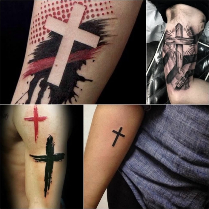 tattoo männer arm, tätoweirungen mit kreuz als motiv, motive mit bedeutusch, religiös