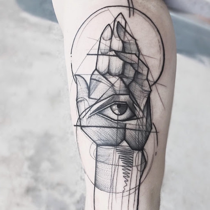 tattoos männer arm, hand in kombination mit auge, modernes tattoo design in schwarz und grau