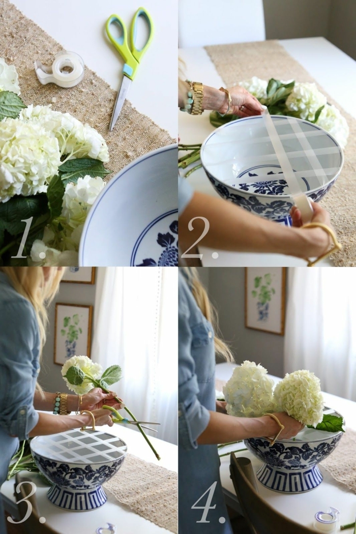 Frühlingsdeko aus Naturmaterialien selber machen. Blumengestaltung in einer großen blauen Vase, DIY Anleitung Schritt für Schritt