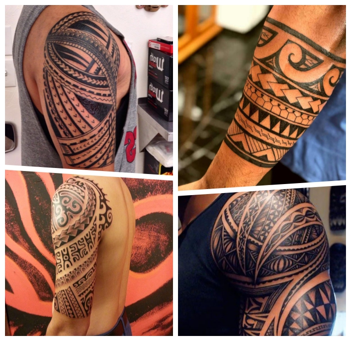 tribal tattoo arm, große detaillierte tätowierungen in schwarz und grau, geometrische elemente