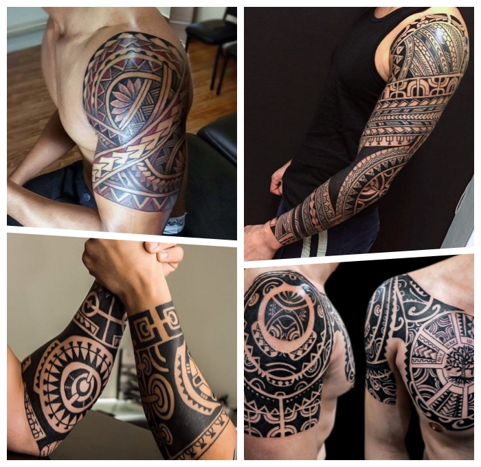 tribal tattoo arm, blackwork tattoos ideen, motive mit smybolik, männer mit tätowierungen