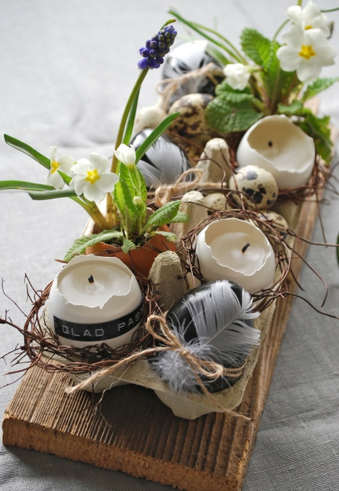 Upcyclen von Eierschalen zu Kerzenhalter, Frühlingsdeko aus Naturmaterialien selber machen, lila Schneeglöckchen, 