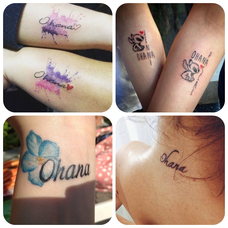 ohana tattoo, beliebte designs, wasserfarben tätowierungen in lila und rosa, symbol für familieund zusammenhalt