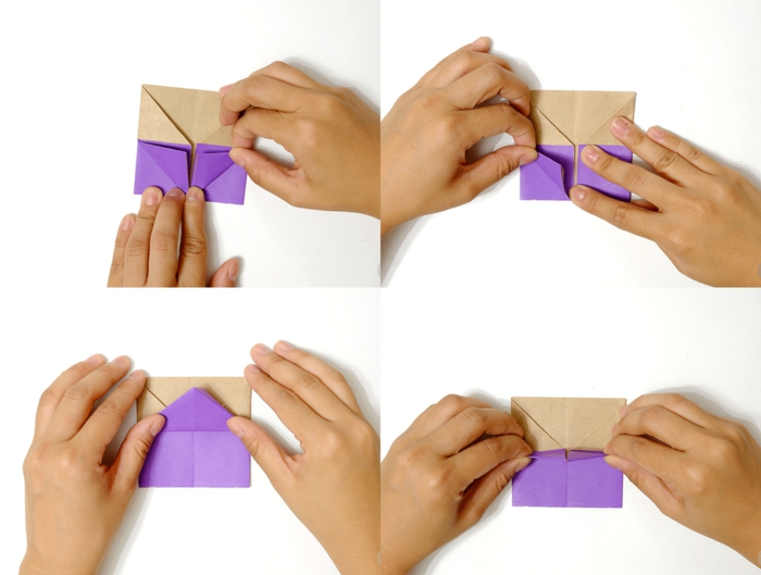 Origami falten DIY Anleitung, Osterndekoration selbst basteln, Hand faltet Stück Papier