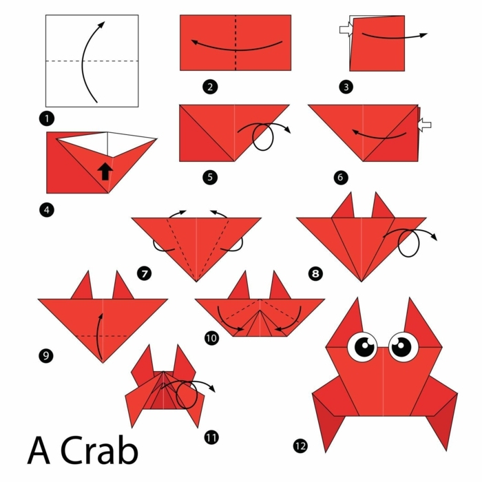 wie bastle ich ein Krabbe aus Papier, Origami Anleitung zum Ausdrucken, Schritt für Schritt