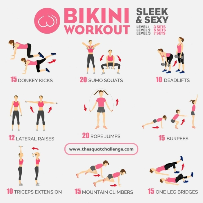 Bikini Body Workout für den ganzen Körper, verschiedene aufgezeigte Übungen, Muskelaufbau zuhause