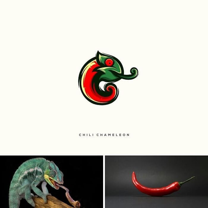 markenlogo von dem designer rendy cemixm cghili chameleon, ein bild mit einem grünen chamäleon 
