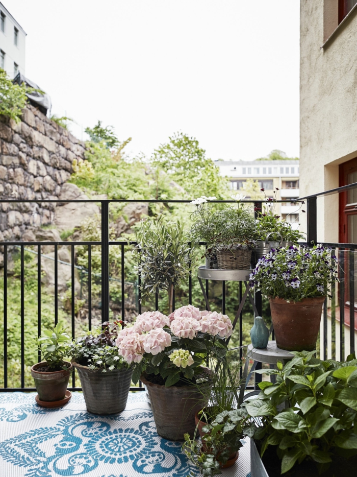 Gestalten von Terrasse mit Pflanzen und Blumen, Balkon Inspiration, Boden aus blaue Mosaik Steine