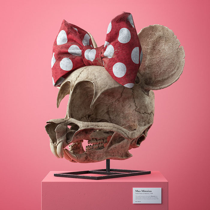 schädeln von minnie maus, projeckt cartoon fossils von dem designer filip hodas