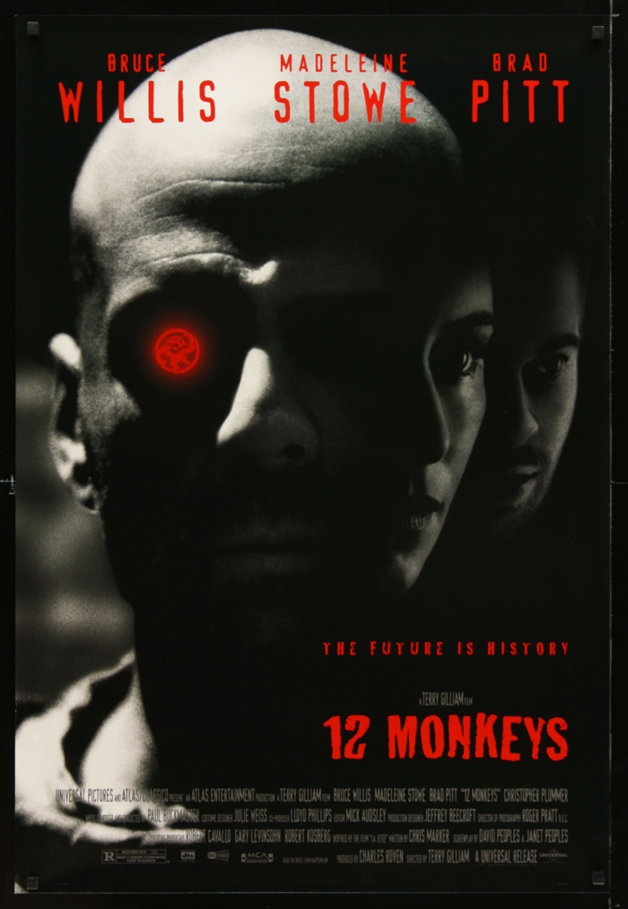 der schauspieler bruce willis, madeleine stowe und brad bitt, die besten filme über viern, emidemien und pandemien, poster zu dem film 12 monkeys