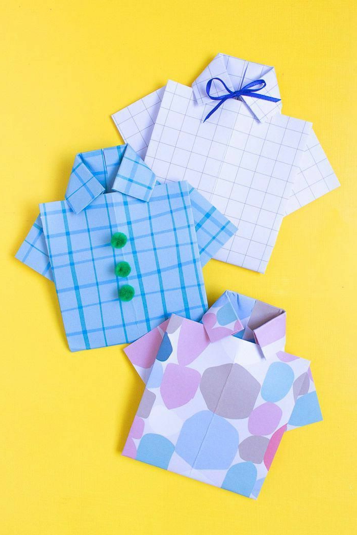 Origami Anleitung einfach für Hemd Karte als Geschenk, gebastelt aus bunten Blätter Papier