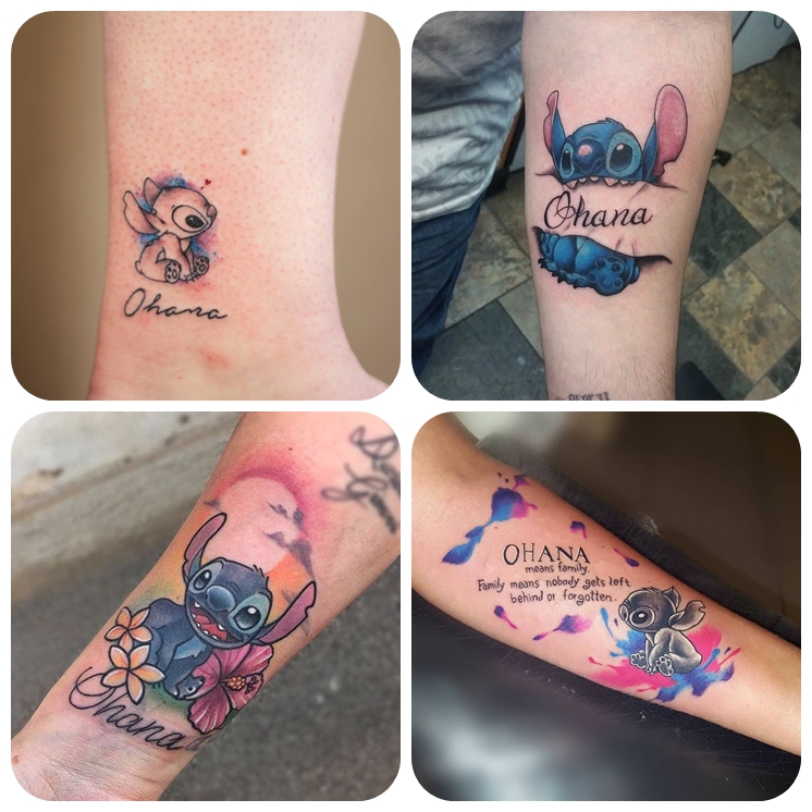 familien tattoo am arm, farbige tätowierungen mit stitch als motiv, beliebte motive, ohana