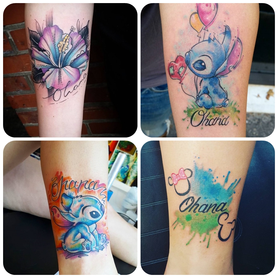 kleine tattoos familie, farbige tätowierungen am arm, hibiskusblüte in lila und blau, ohana beduetung
