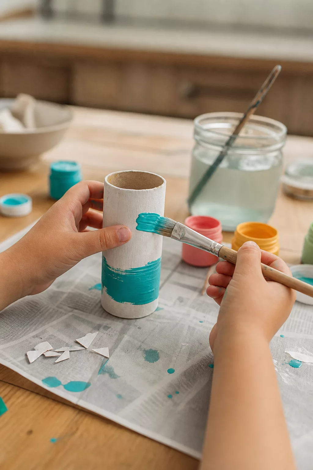 Kinderhände bemalen eine grundierte Papprolle mit bunter Acrylfarbe