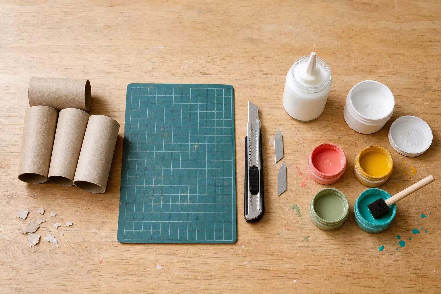 Grundausstattung zum Basteln mit Klopapierrollen: Cutter, Holzleim, Gesso, Acrylfarben