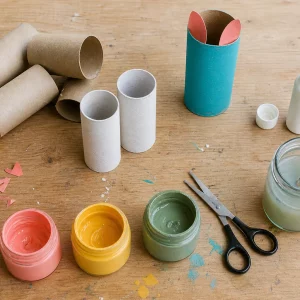 Materialien und bunt bemalte Rolle beim Basteln mit Klopapierrollen auf dem Tisch
