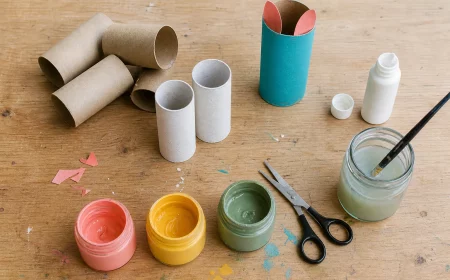 Materialien und bunt bemalte Rolle beim Basteln mit Klopapierrollen auf dem Tisch