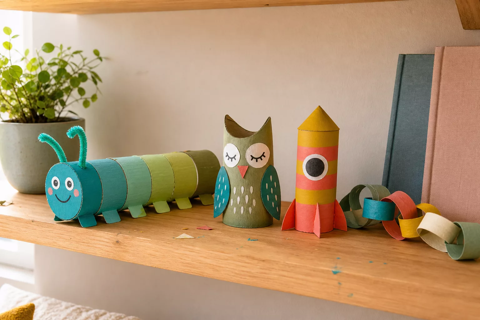 Bunte Klorollen-Figuren stehen aufgereiht auf einem Kinderzimmer-Regal