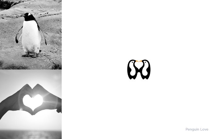 schwarzweißes bild mitpinguine, ein herzchen und zwei hände, logo mit pinguinen, designer shibu pg