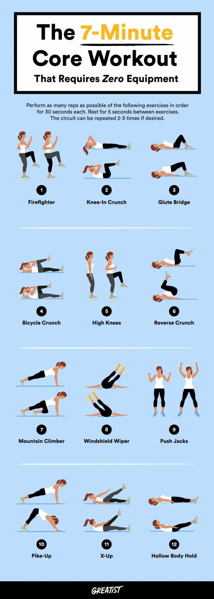 Bauchmuskeln in sieben Minuten trainieren, Oberkörper training, zwölf verschiedene Übungen