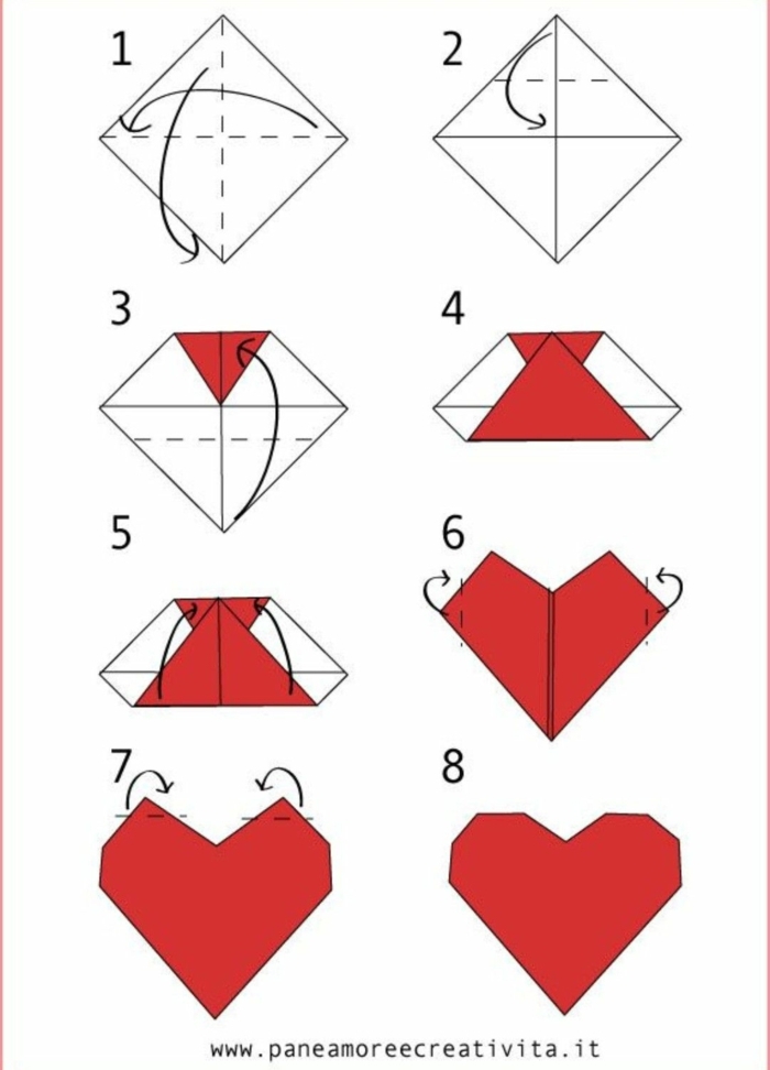 Origami Faltanleitung für ein rotes Herz, Basteln mit Papier, Erklärung der einzelnen Schritte