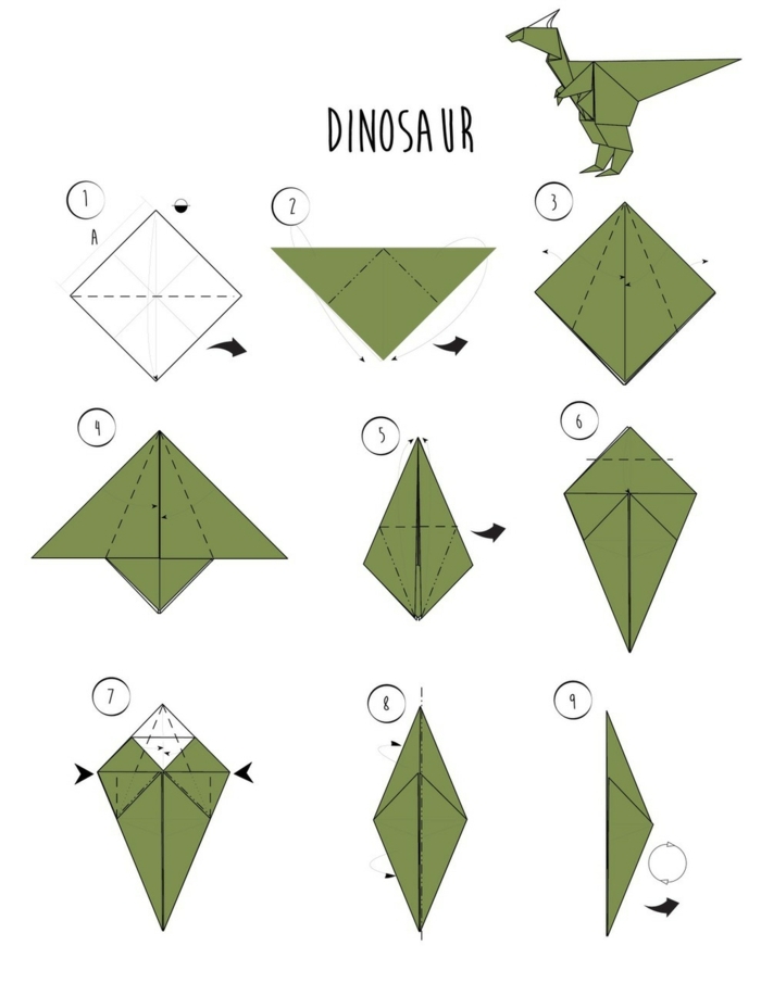 Origami Dinosaurier Anleitung zum Selbstmachen, Schritte zum basteln erklärt, grünes Blatt Papier 
