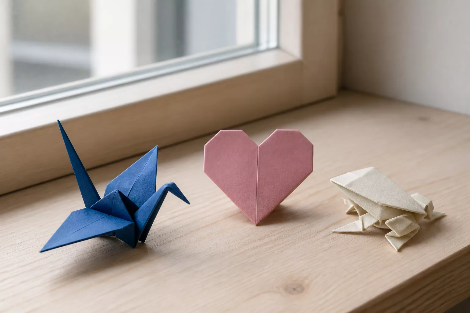 Drei gefaltete Origami Modelle auf einem hellen Fensterbrett