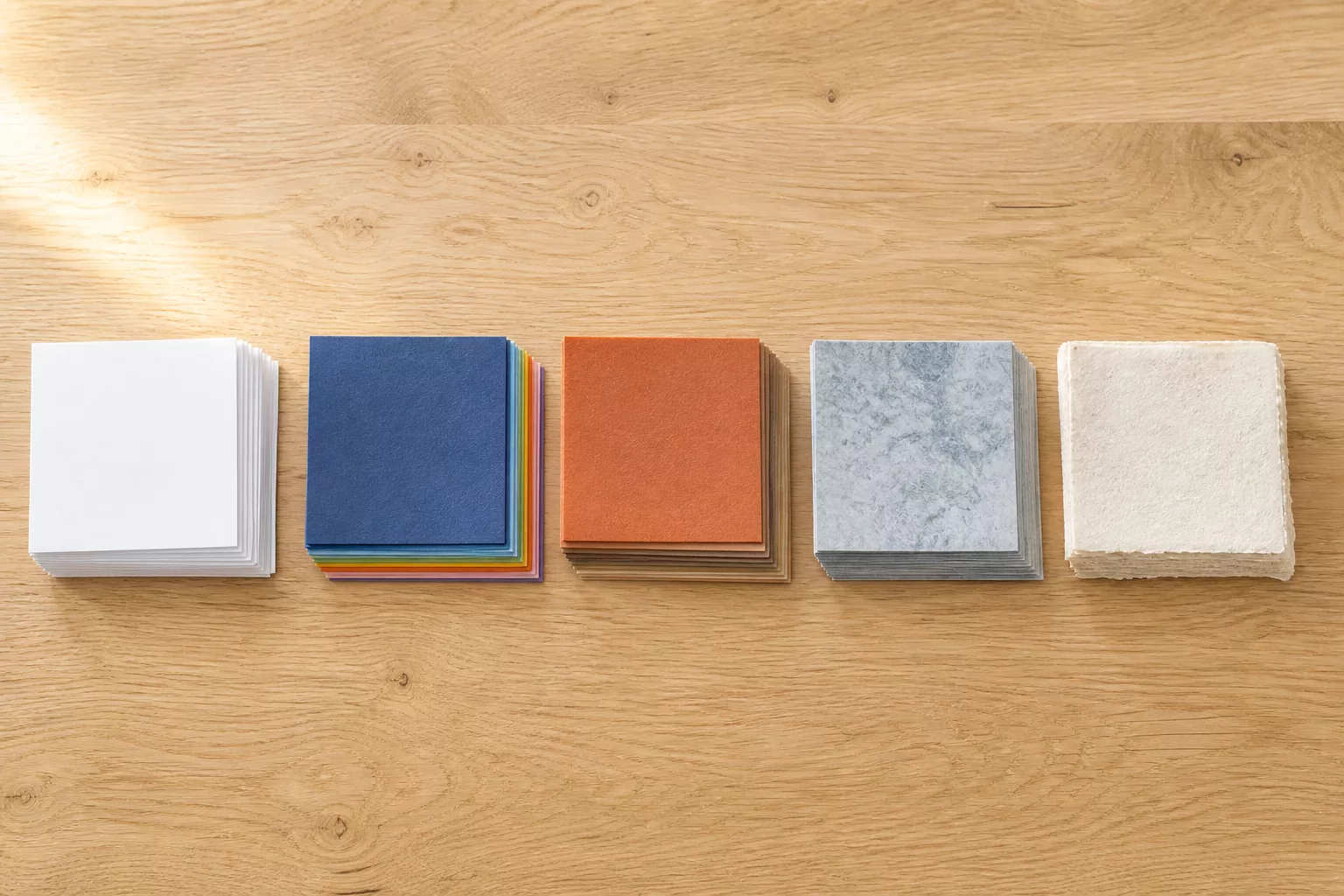 Fünf verschiedene Papierarten für Origami nebeneinander auf einem Tisch