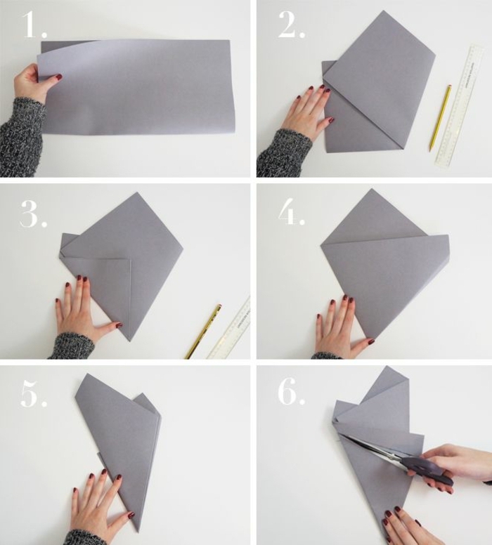 Origami Sterne falten Anleitung kostenlos, Hand faltet ein graues Blatt Papier, DIY Dekoration