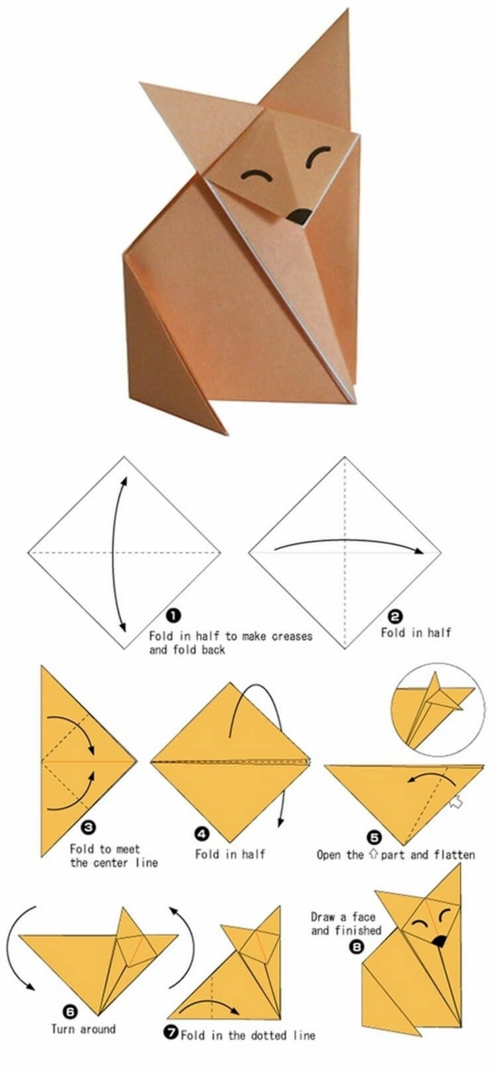 Fuchs basteln aus Papier, Origami anleitung zum falten, Schritt für Schritt Erklärungen